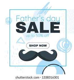 Father day banner sale template with Memphis elements and mustache. Vector illustration.