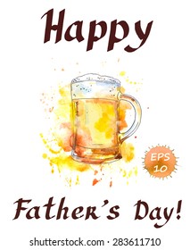 Father day card. Beer mug with text. Watercolor vector original style