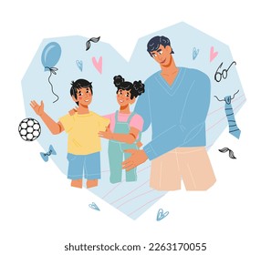 Father day card design element, flat vector illustration on white background. Happy father and children in heart shaped frame for greeting card and poster.