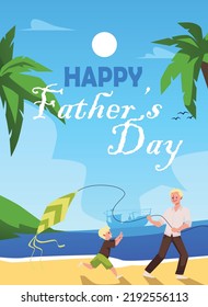 Father day card layout with father and child playing with a kite, flat vector cartoon illustration. Happy family and father day banner or poster template.