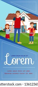 Father Day Celebration Flyer, Brochure Template. Man with Boy and Girl Holding Hands Cartoon Characters. Dad and Children in Casual Clothing. Family Bonds. Vector Illustration with Text Space