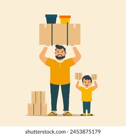 Father Day with Character of Dad and Son Lifting Weights Symbolizing Strong Hero