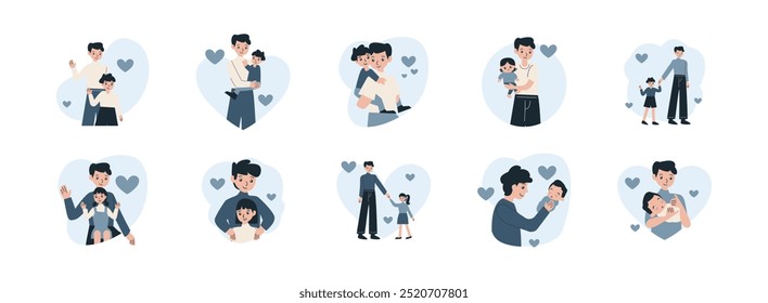 Father Day Character flat illustration set. Include of daddy, care, happy, family, and gentleman. Vector illustration isolated transparent background