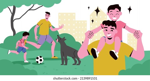 Father day colored composition son and father play with the dog and walk together vector illustration