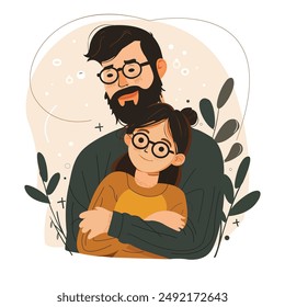 Father Day With Daughter Son Children Love Hug Smile Cute Cartoon Vector Illustration