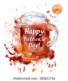 Father day design. Beer mug with note. Watercolor vector original style