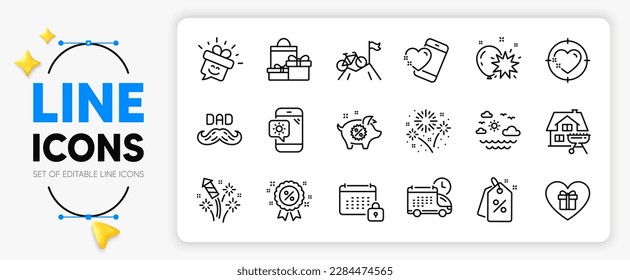 Father day, Discount and Fireworks rocket line icons set for app include Discount tags, Delivery, Fireworks outline thin icon. Home grill, Piggy sale, Romantic gift pictogram icon. Vector