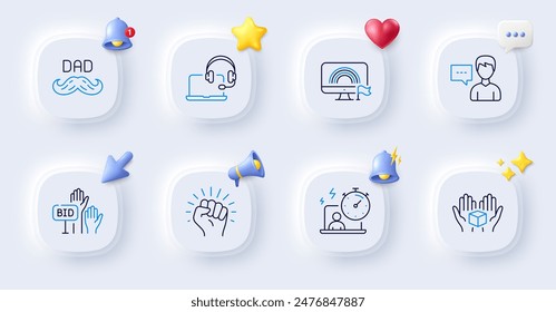 Father day, Empower and Bid offer line icons. Buttons with 3d bell, chat speech, cursor. Pack of Consult, Timer, Person talk icon. Lgbt, Hold box pictogram. For web app, printing. Vector