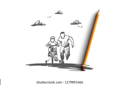 Father, day, family, child, happy concept. Hand drawn dad with son ride bicycles concept sketch. Isolated vector illustration.