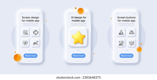 Father day, Game console and Guard line icons pack. 3d phone mockups with star. Glass smartphone screen. Fishing, Mountain bike, Buyer web icon. Love him, Bicycle pictogram. Vector