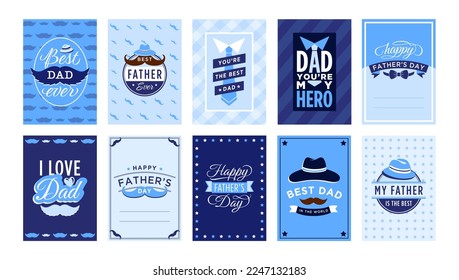 Father Day greeting card. Best dad ever badge, happy fathers day congratulation lettering vintage vector set. Calligraphy for male holiday celebration, text for daddy with mustache and hat design