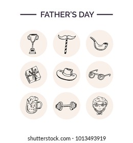 Father day Hand drawn doodle set. Vector illustration. Isolated elements on white background. Symbol collection.
