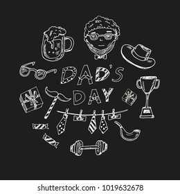 Father day Hand drawn doodle set. Vector illustration. Isolated elements on black background. Symbol collection.