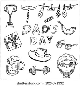Father day Hand drawn doodle set. Vector illustration. Isolated elements on white background. Symbol collection.