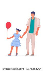 Father day. Happy father and daughter with balloon walking isolated on white background. Handsome dad carrying loving child by hand vector illustration. Family daytime together. Weekend outdoor