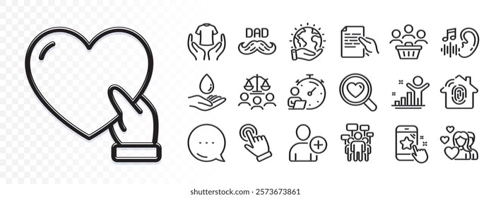 Father day, Hold document and Search love line icons for web app. Glare of light effect. Message icon. Pack of Water care, Save planet, Court jury pictogram icons. Vector