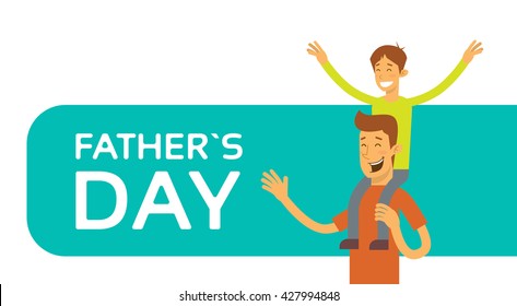 Father Day Holiday, Happy Son Sit On Dad Shoulder Vector Illustration
