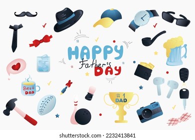 Father day holiday isolated elements set in flat design. Bundle of mustache, tie, hat, cap, wristwatch, glasses, tube, beer glass, key, camera, gold cup, shaving brush and other. Vector illustration.