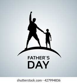 Father Day Holiday, Silhouette Son Dad Hold Hands Up Flat Vector Illustration