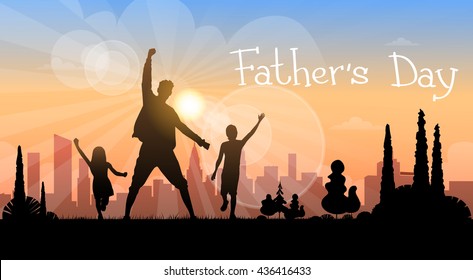 Father Day Holiday, Silhouette Son Daughter Dad Hold Hands Up Flat Vector Illustration