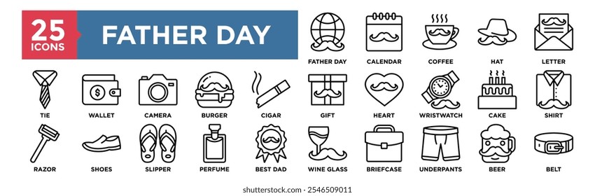 Father Day icon collection set. Containing design Father Day, Calendar, Coffee, Hat, Letter