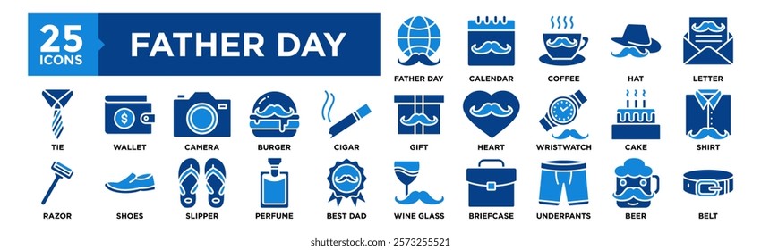 Father Day icon collection set. Containing design Father Day, Calendar, Coffee, Hat, Letter	