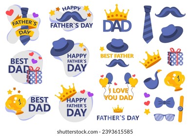 Father day mega set in flat design. Bundle elements of greeting cards compositions with quotes and mustaches, tie, hats, gifts, trophy cups and others. Vector illustration isolated graphic objects