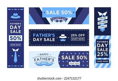 Father day offer banner. Happy fathers day sale badge, holiday shopping discount on gifts for dad vector template set. Retail shop advertising, store with male presents promotion flyers collection