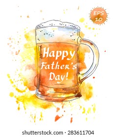 Father day party. Beer mug with text. Watercolor vector original style