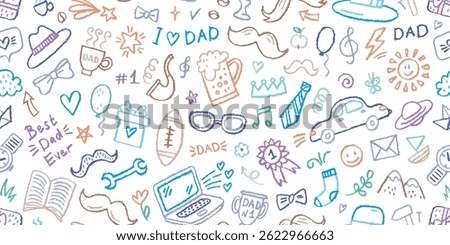 Father day pattern. Kid doodle seamless background. Dad crayon hand drawn vector. Happy man illustration with crayon texture. Father's day seamless pattern. Dad mustache, beer, tie, hat, laptop bg