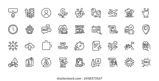 Father day, Prescription drugs and Eco power line icons pack. AI, Question and Answer, Map pin icons. Bid offer, Horns hand, Search calendar web icon. Puzzle, Cloud upload, Inflation pictogram. Vector