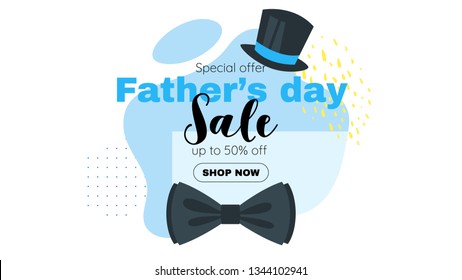 Father day sale banner template with bow tie and top hat. Vector illustration. Memphis abstract blue elements.