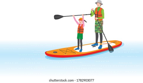 Father and delighted daughter rowing a stand-up paddle  board