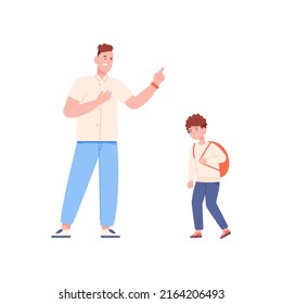 Father Discipline Kid. Cartoon Strict Dad Scold On Cry Son, Parent Rebuke Shouting Child, Family Conflict Parents And Children, Unhappy Boy Character Vector Illustration. Parent And Boy Discipline