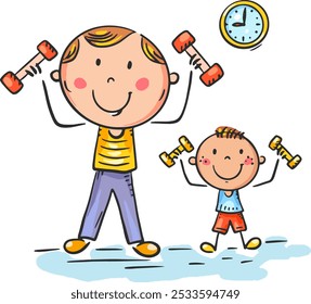 Vater macht Gymnastik mit seinem Sohn. Gesunder Lebensstil, Familiensport Aktivität Cartoon Clipart. Elternschaft, Vaterschaftskonzept. Eltern verbringen aktiv Zeit mit Kindern. Übung mit Hanteln