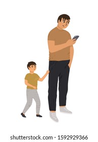 Father does not pay attention to his son. A busy parent looks at the phone, his child pulls his hand, draws attention to himself. The child is upset. Internet Addiction concept.