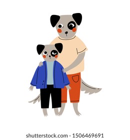 Father Dog and his Puppy Kid Standing Together, Loving Parent Animal and Adorable Child Humanized Characters Vector Illustration