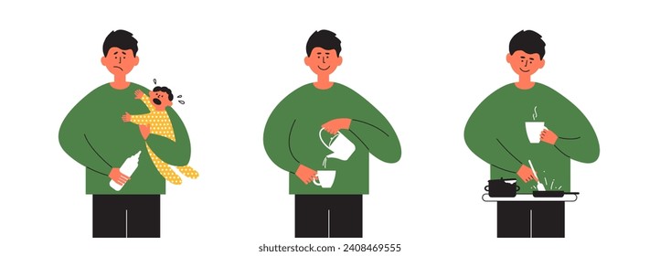 Father doing housework routine vector illustrations set. Tired dad holding feeding crying child, parenthood. Man relax pouring drinking coffee in cup. Male baby sit. Husband cooking homemade meal food