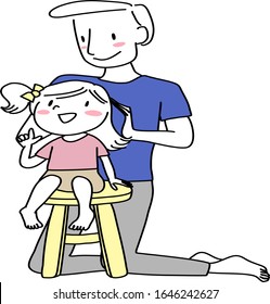 Father doing little daughter's hair. Cute father tying his little daughter's hair up in a ponytail. Little girl sitting on chair and talking to her dad who doing her hair. Hand-drawn vector.