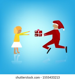 father dressed as santa claus in red, giving a gift box to the girl on new year eve