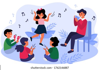 Father drinking coffee while his children playing outdoors. Kids dancing and playing outdoors flat vector illustration. Coffee and leisure concept for banner, website design or landing web page