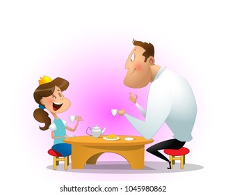 Father drinking tea with daughter. Father's day concept. Cartoon vector illustration.