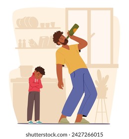 Father Drinks Alcohol, Son Stands beside Quietly. A Hint Of Sadness In The Child Eyes As He Wipes Away A Few Tears. Drunk Parent Character with Addiction and Kid. Cartoon People Vector Illustration