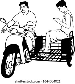 Father drives a tricycle And his son was watching the smart phone.