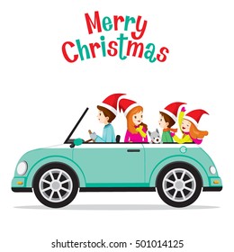 Father Driving Car With His Family, Merry Christmas, 