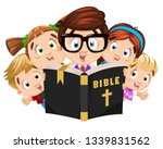 Father, elder brother or tutor, mentor reading holy book, bible to boys and girls. Religious, faithful family. Spirituality and religion education, christian camp. Cartoon characters isolated on white