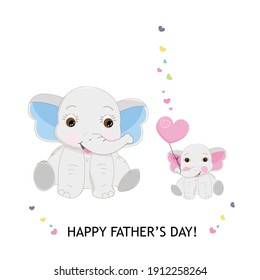 Father Elephant Baby Elephant. Father's day greeting card elephant giving baby elephant gift heart balloon. Happy Father's day cute cartoon greeting card illustration