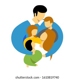 A father embraces and protects his family: his wife, son and two daughters. Vector illustration for a father's day card.