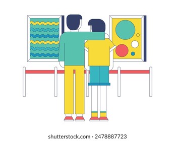 Father embracing son while looking at abstract painting together, museum with family. Character design. Vector flat illustration