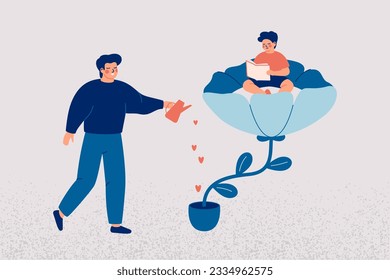 Father is engaged in the upbringing and development of his son. Small boy sits on the big flower and parent is watering this plant. Child care and education concept. Family relationship and bonds